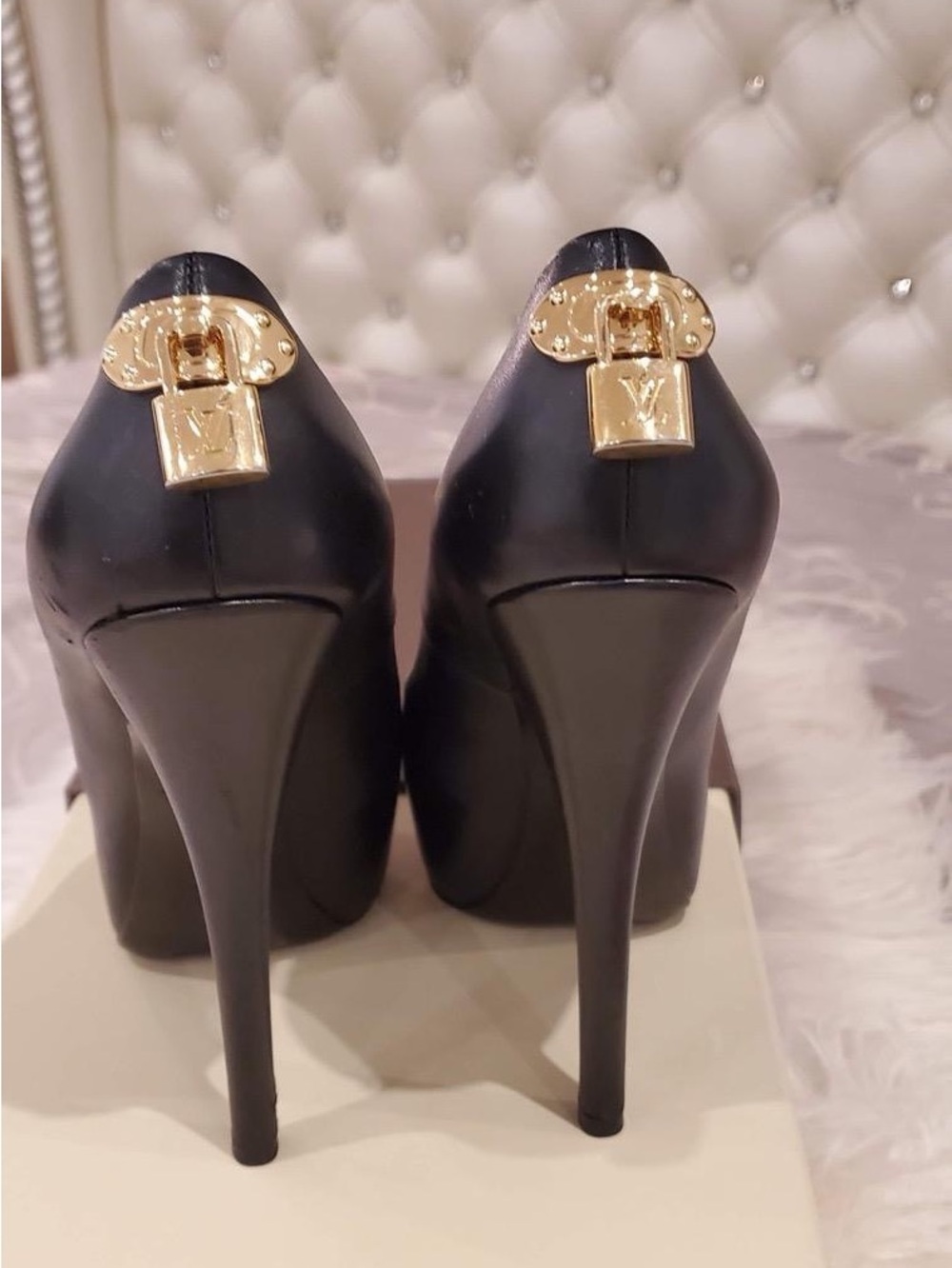Authentic Louis Vuitton -size 37.5 Black Stiletto Heels with Gold Padlock Detail